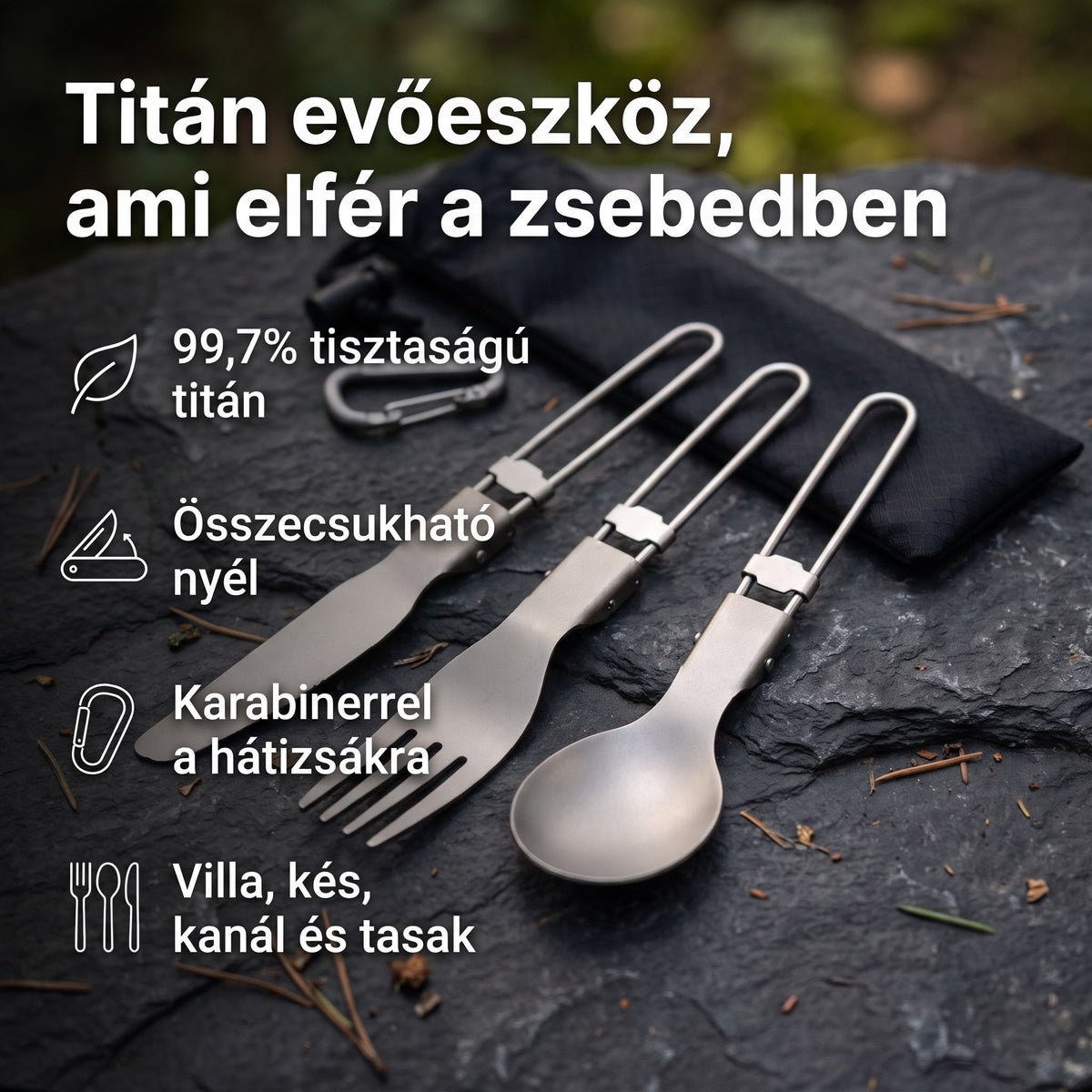 Túragear titán evőeszköz szett karabinerrel - infografika