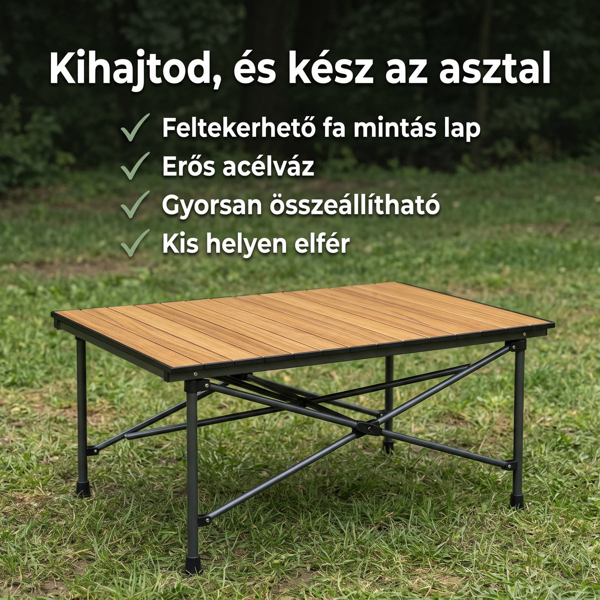 Túragear összecsukható kempingasztal, fa mintás - infografika