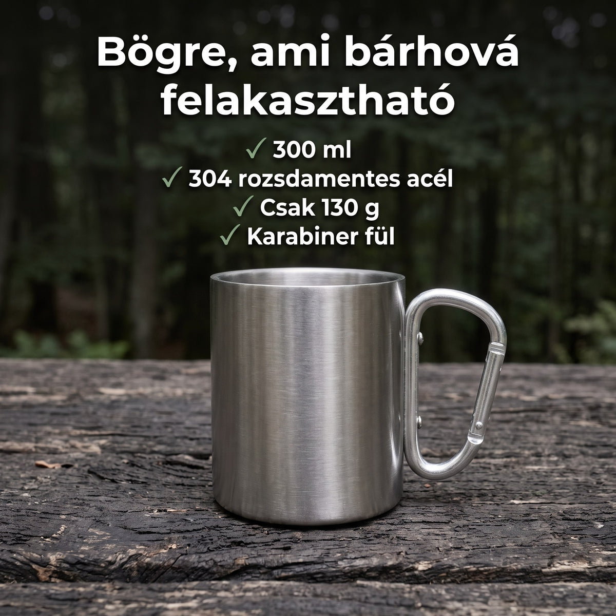 Túragear karabineres bögre, 300 ml, rozsdamentes acél - infografika