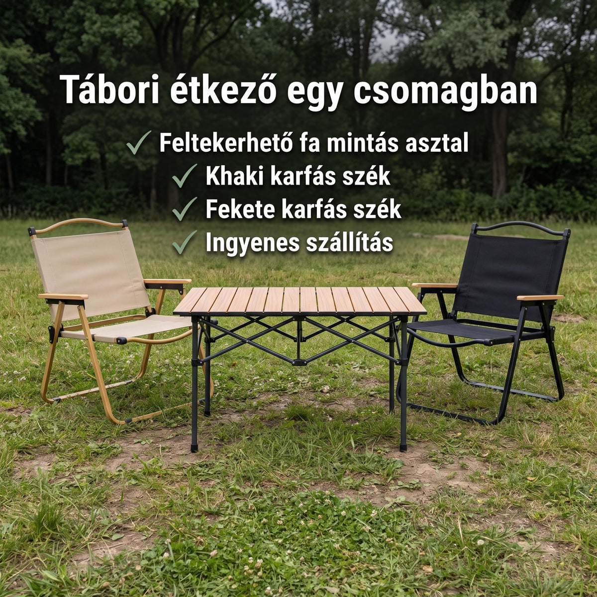 Túragear Tábori étkező csomag: asztal + 2 karfás szék - infografika