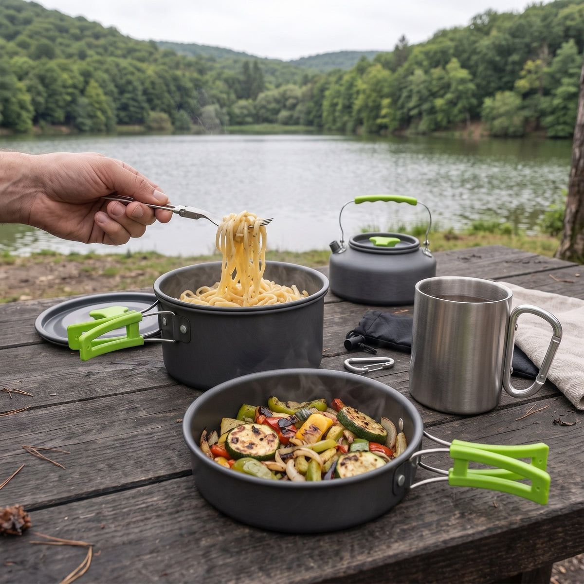 Túragear Tábori konyha csomag: főzőedény szett + bögre + titán evőeszköz - lifestyle