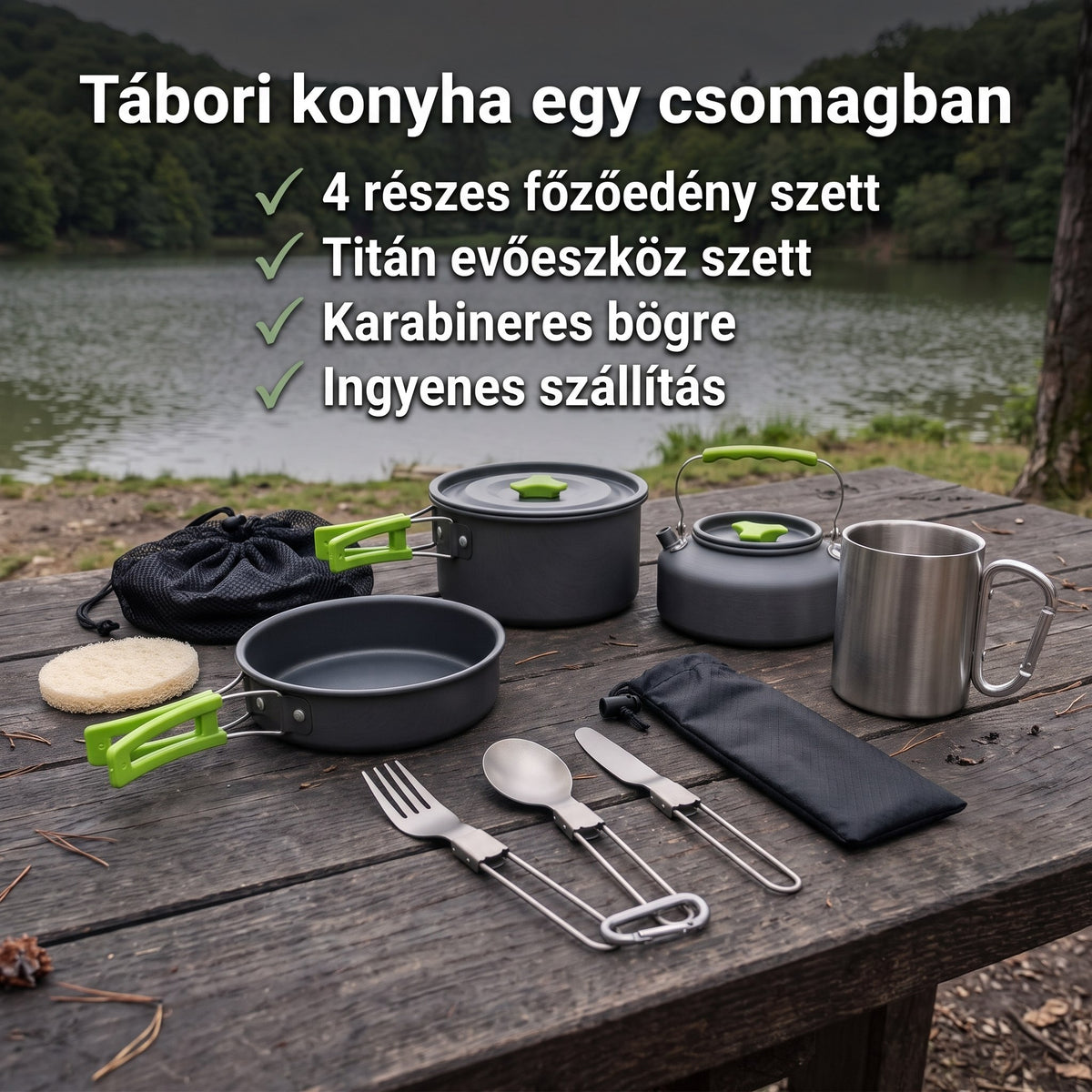 Túragear Tábori konyha csomag: főzőedény szett + bögre + titán evőeszköz - infografika