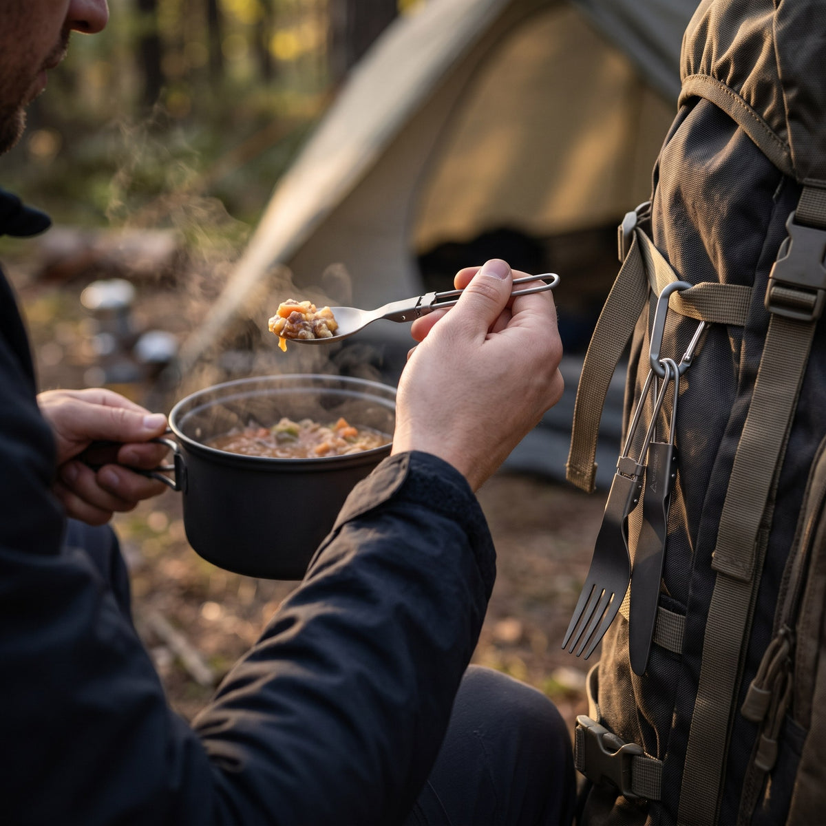 Túragear titán evőeszköz szett karabinerrel - hasznalat