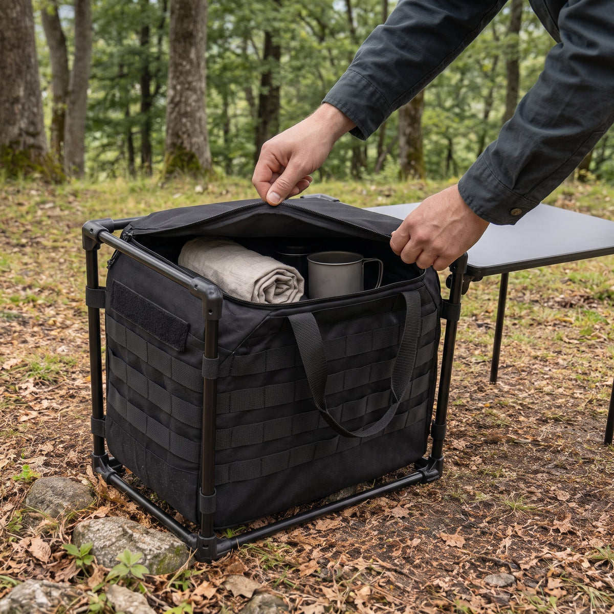 Túragear tábori asztal MOLLE táskával - hasznalat